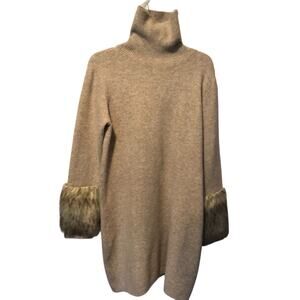 Boston Proper Tan Knit Pullover Turtleneck Dress with faux fur sleeve ends Sz L